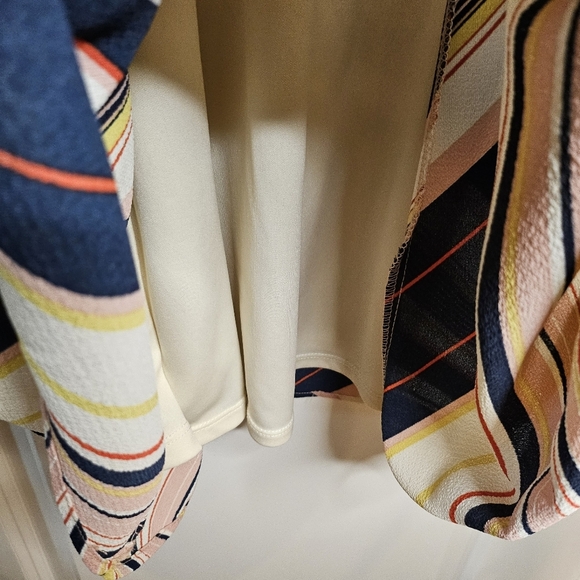 Lily Rose Blue Pink Butter Yellow Striped Cold Shoulder Keyhole 70s Dress Size L - Picture 8 of 11